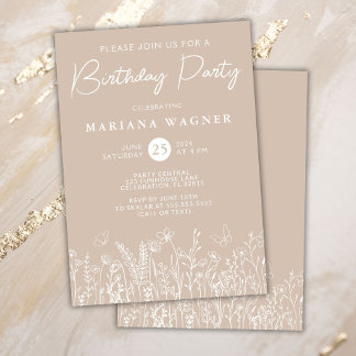Beige Wildblumen Geburtstagsparty Einladung