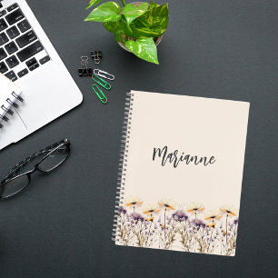 Beige Wildblumen, gelbes individuelle Name-Skript Notizbuch