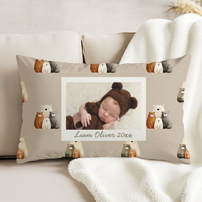 Beige Woodland Bears Pattern Custom Photo Nursery Dekokissen (Von Creator hochgeladen)