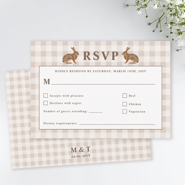 Beige Woodland Hare Bunnies Wedding RSVP Card (Von Creator hochgeladen)