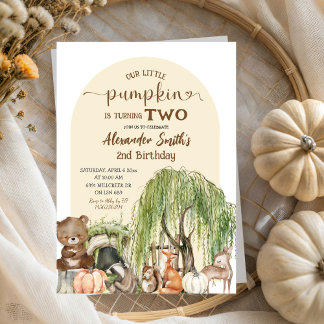 Beige Woodland Tiere Little Pumpkin Boy Geburtstag Einladung
