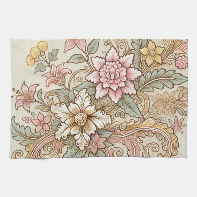 Beige Yellow Pink Blue Indonesian Batik Boho Geschirrtuch (Horizontal)