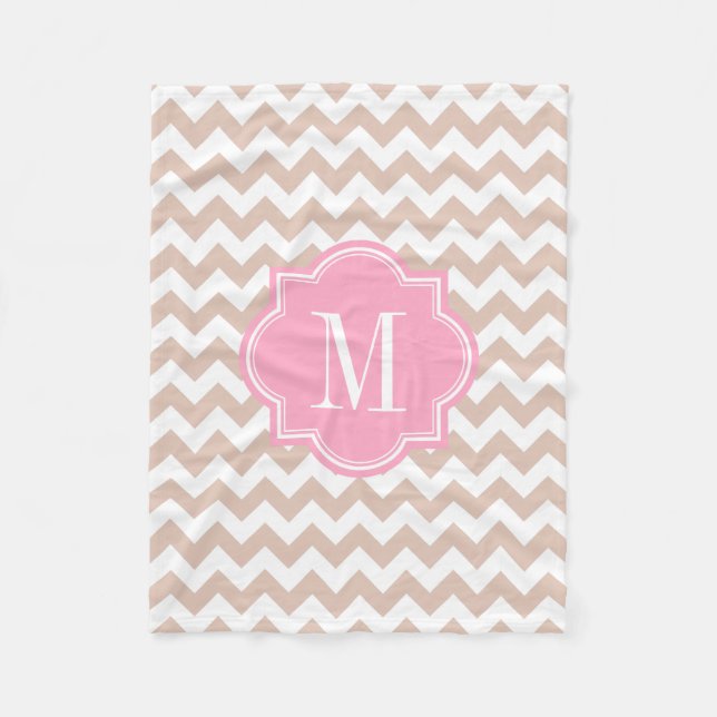 Beige Zickzack mit rosa Monogramm Fleecedecke (Vorderseite)