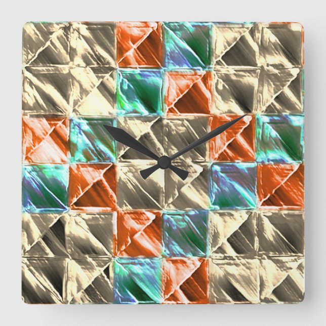 Beige, Zyan- und Korallenfliesen oder gefärbt Quadratische Wanduhr (Vorderseite)