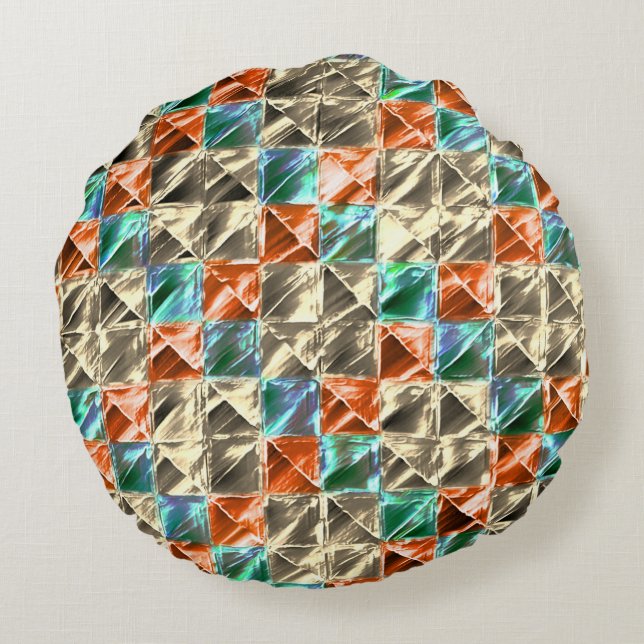 Beige, Zyan- und Korallenfliesen oder gefärbt Rundes Kissen (Rückseite)