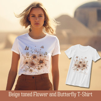 Beigefarbene Blume und Schmetterling-T - Shirt