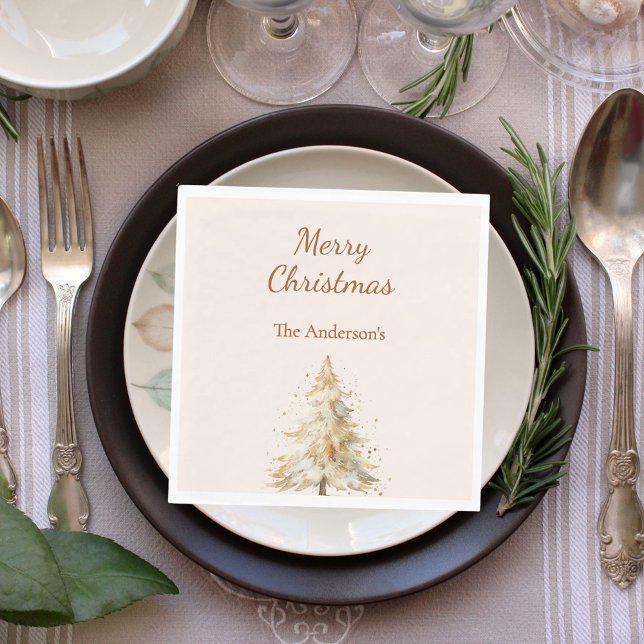 Beiger Baum Schnee Schrift Weihnachtsessen Serviette (Von Creator hochgeladen)