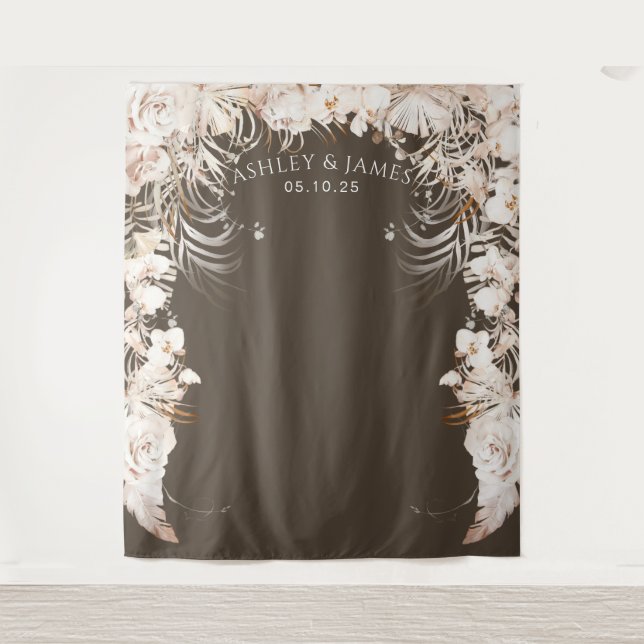 Beiger botanischer Blumengarten Hochzeitskulisse Wandteppich (Vorderseite)