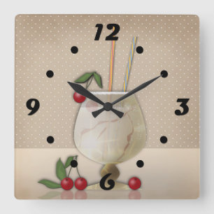 Beiger Grunge Retro Vintage Cocktailglas Kirsche p Quadratische Wanduhr