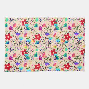 Beiger Hintergrund Bunter Blumenmuster Geschirrtuch
