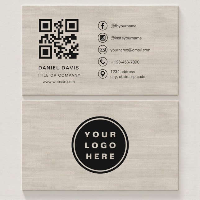 Beiger Leinen Firmenlogo QR-Code  Visitenkarte (Von Creator hochgeladen)