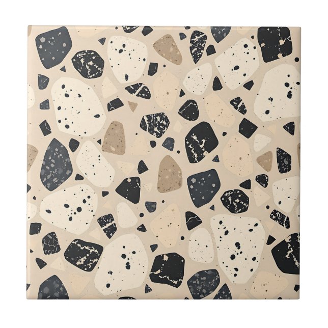 Beiger schwarzer Terrazzo-Muster neutrales Abstrac Fliese (Vorderseite)