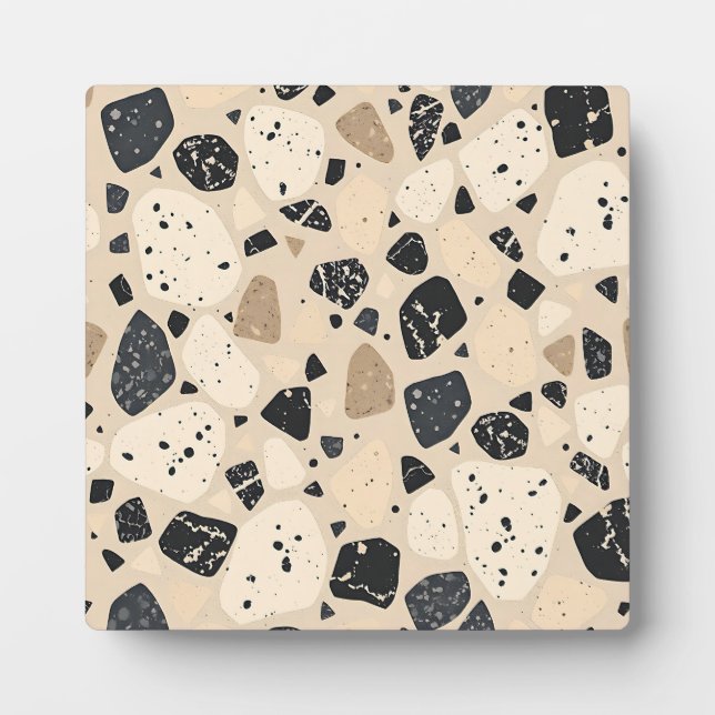 Beiger schwarzer Terrazzo-Muster neutrales Abstrac Fotoplatte (Vorderseite)
