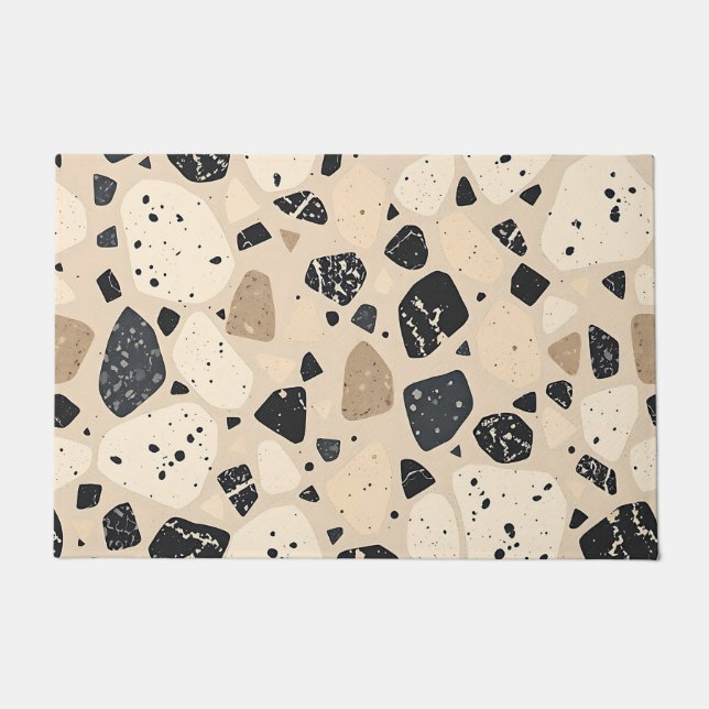 Beiger schwarzer Terrazzo-Muster neutrales Abstrac Fußmatte (Vorderseite)
