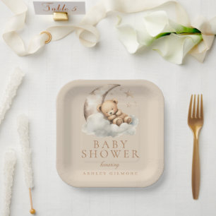 Beiger süßer Teddybär neutrale Babyparty Pappteller