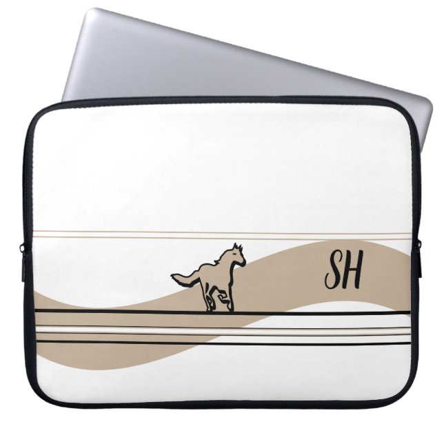 Beiges Design mit laufendem Pferd und Initialen Laptopschutzhülle (Vorderseite)
