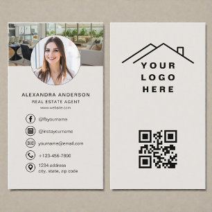 Beiges Logo mit QR-Code für Immobilienmakler-Foto Visitenkarte