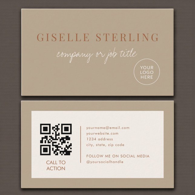 Beiges minimalistisches Firmenlogo QR-Code Visitenkarte (Von Creator hochgeladen)