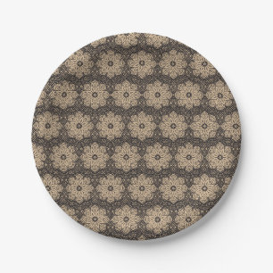 Beiges und schwarzes ethnisches Mandala-Muster Pappteller