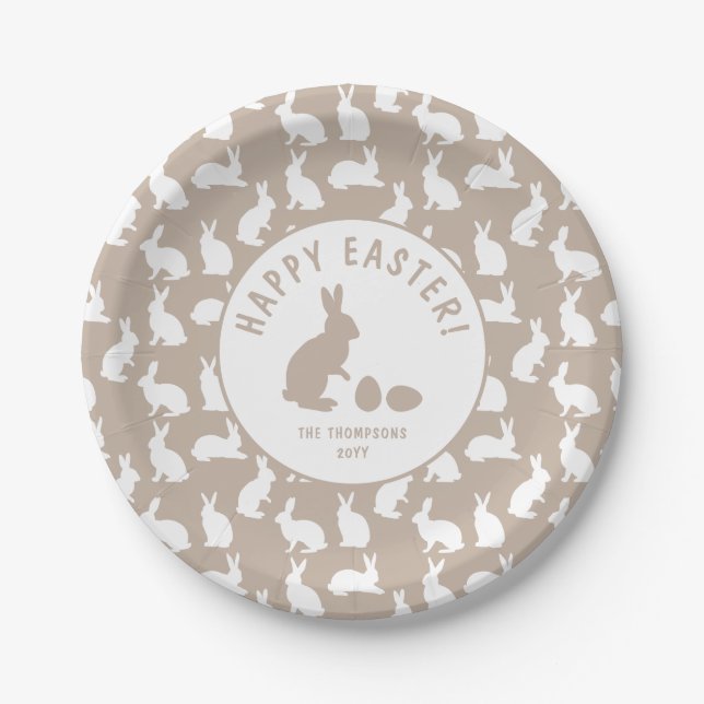 Beiges und weißes Hasenmuster Frohe Ostern Pappteller (Vorderseite)