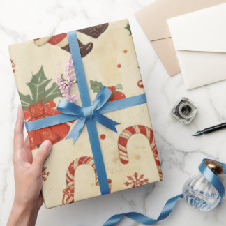 Beiges Weihnachtsmuster | Zuckerstangen & Schneefl Geschenkpapier