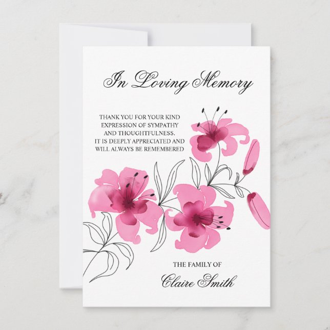 Beileid Beerdigung DANK IHNEN Lily Floral FOTO Dankeskarte (Vorderseite)
