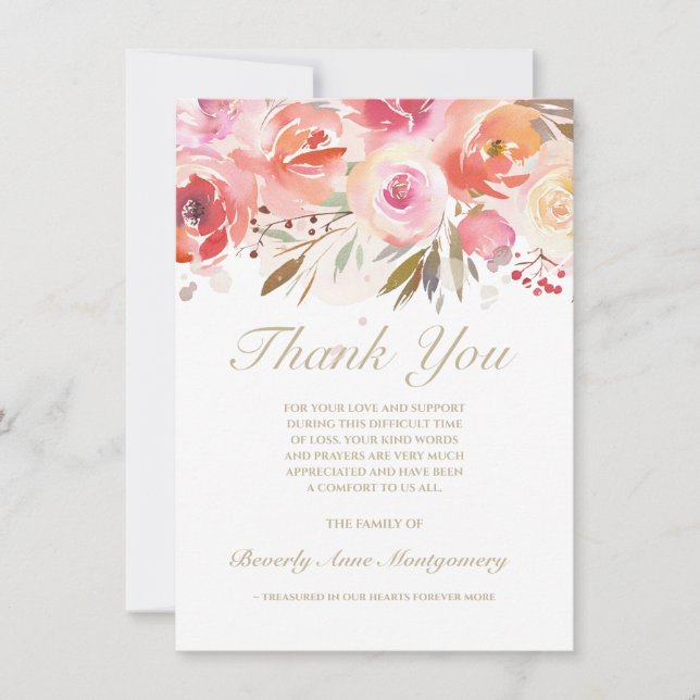 Beileid Bloral Blush Wasserfarbe Rose Vielen Dank Dankeskarte (Vorderseite)