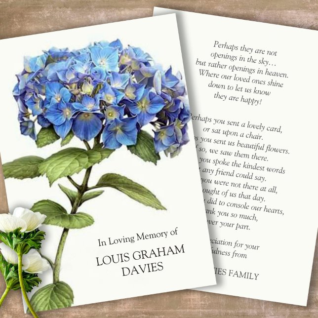 Beileid Blue Hydrangea Beerdigung Dankeschön Karte (Sympathy floral Celebration of Life, In Loving Memory, Forever in our Hearts Funeral thank you cards)