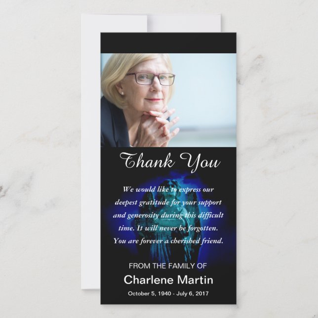 Beileid danken Ihnen Foto-Erinnerungsengels-Blau Dankeskarte (Vorderseite)