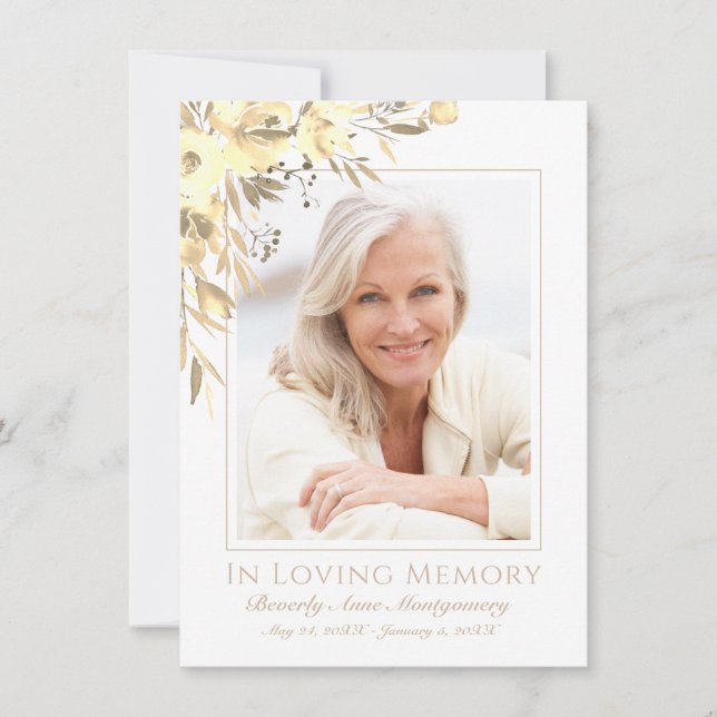 Beileid Elegant Gelbe Rose Foto Beerdigung Dankeskarte (Vorderseite)