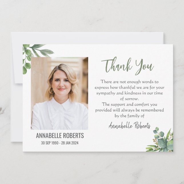 Beileid Eukalyptus Verlasst Foto Beerdigung Dankeskarte (Vorderseite)