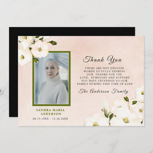 Beileid Floral Pink Foto Memory Vielen Dank  Dankeskarte (Vorne/Hinten)