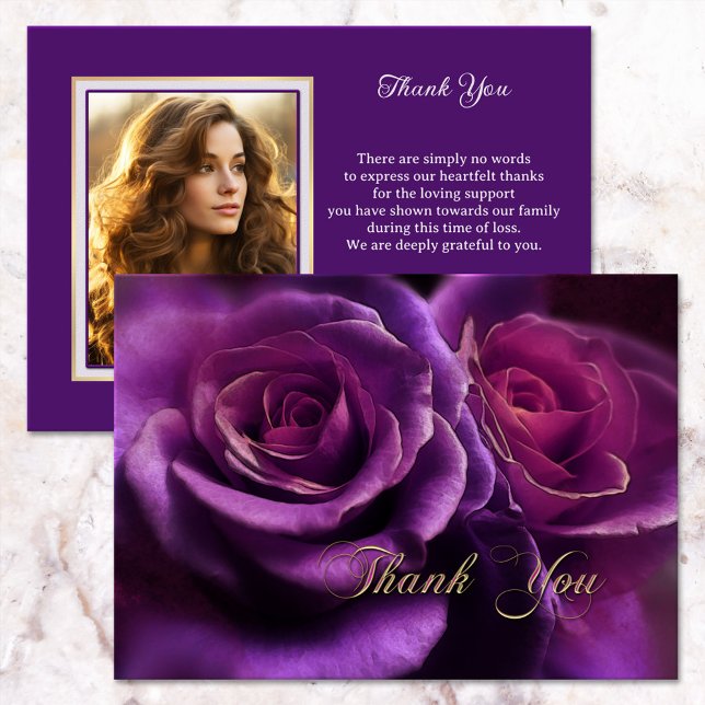 Beileid-Foto für lila Rose Dankeskarte (Photo sympathy Thank You card featuring an elegant purple rose with gold Thank You script text)