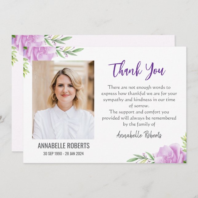 Beileid Lila und rosa Blume Foto Beerdigung Dankeskarte (Vorne/Hinten)