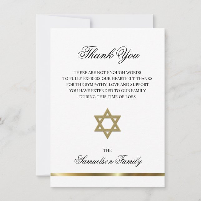 Beileid Memorial Jewish Star Gold FOTO Vielen Dank Dankeskarte (Vorderseite)