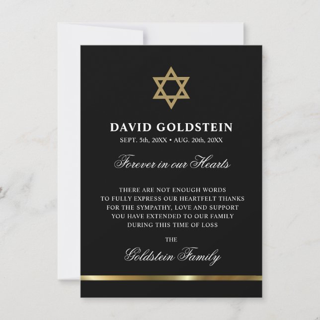 Beileid Memorial Jewish Star von David Black Gold Dankeskarte (Vorderseite)
