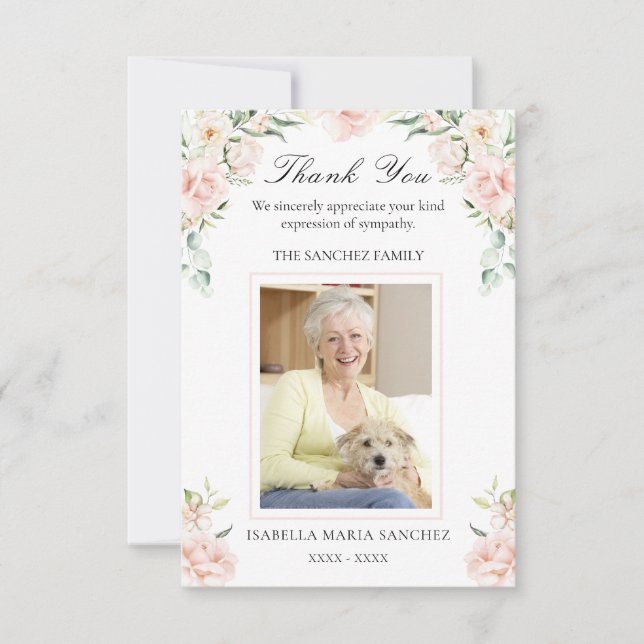 Beileid Pink Floral Beerdigung Foto Danke Karte (Vorderseite)