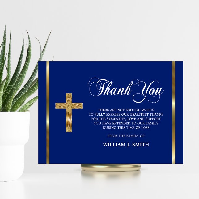 Beileid Religious Gold Cross Blue DANK YOU Foto Dankeskarte (Sympathy Religious Gold Cross Blue THANK YOU photo)