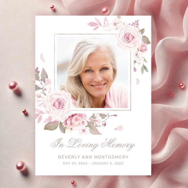 Beileid Rosa Rose Blumengold Cross Foto Beerdigung Dankeskarte (Sympathy Pink Roses Photo Religious Funeral Thank You Card)