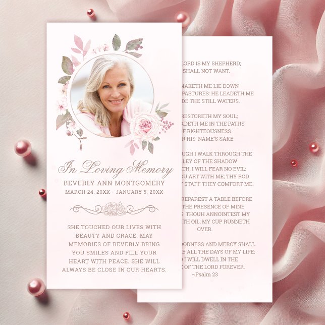 Beileid Rosa Rose Foto Beerdigung Gebet (Elegant Pink Roses Floral Photo Funeral Prayer Card )
