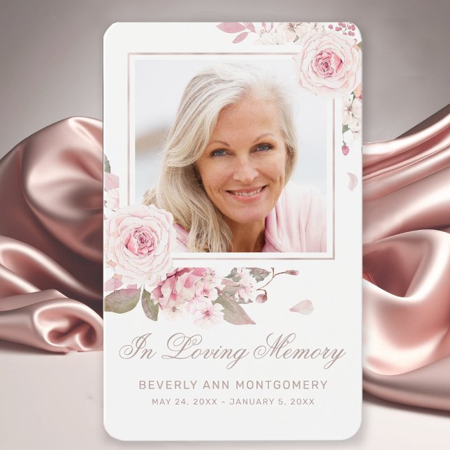 Beileid Rosa Rosenkreuz Foto Gebetskarte Elegant (Elegant Pink Roses Photo Funeral Card with Prayer.)