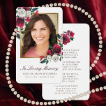 Beileid Rote Rose Floral Gold Foto Gebetskarte<br><div class="desc">Schicken Sie diese elegante Blumengebet-Karte an Familie und Freunde im Gedenken an Ihren Lieben. Dieses Design verfügt über ein Foto auf der Vorderseite gerahmt in Imitat Gold mit handgemalten rot-weiß Aquarell-Rose mit Grün. Unten im burgundy-Skript sind die Worte "In Loving Memory" mit einem Namen und Daten zu personalisieren. Auf der...</div>