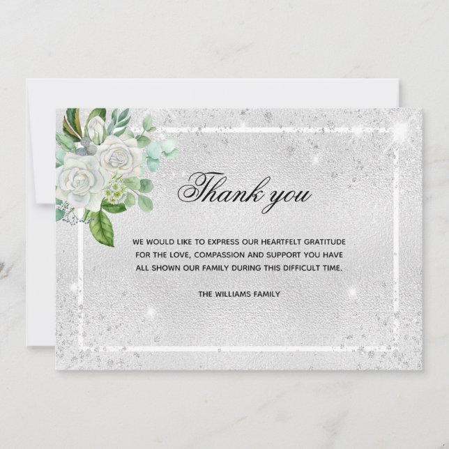 Beileid silber Glitzer Blumenladen Foto vielen Dan Dankeskarte (Vorderseite)
