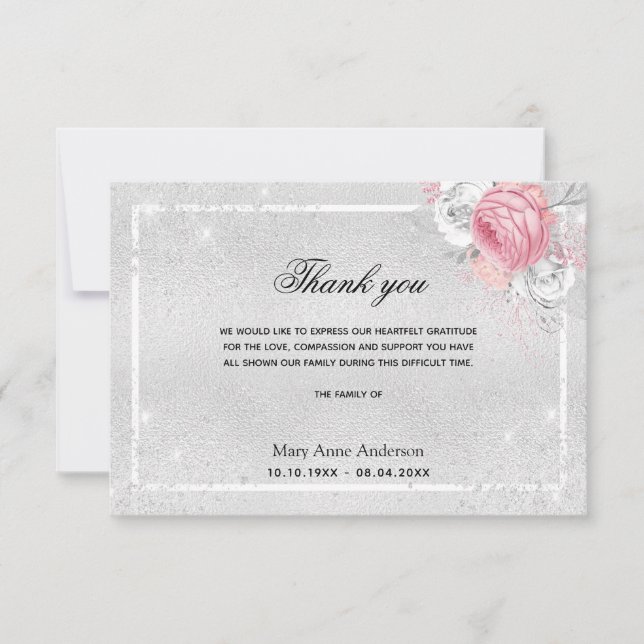 Beileid silber rosa flrosa Vielen Dank Dankeskarte (Vorderseite)