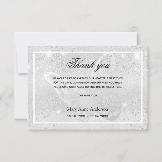 Beileid Silberschmetterling vielen Dank Dankeskarte (Vorderseite)