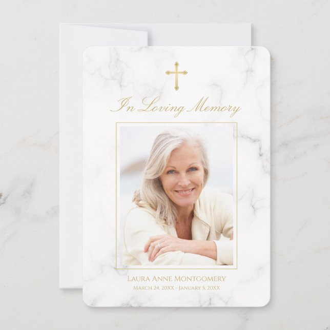 Beileid White Marble Gold Script Foto Beerdigung Dankeskarte (Vorderseite)