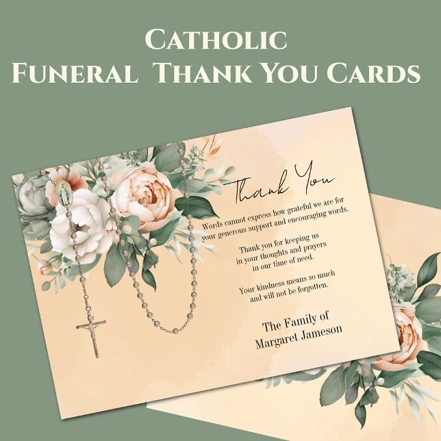 Beileid zur Beerdigung von Rosenkranzen Dankeskarte (Traditional Catholic Funeral Thank You Memorial Cards  - Easy to personalize)