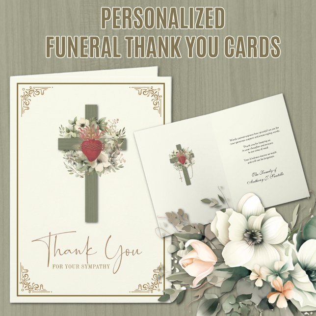 Beileidsbekundung zwischen Flora und Fauna Dankeskarte (Traditional Catholic Funeral Sympathy Thank You Card with Sacred Heart of Jesus)