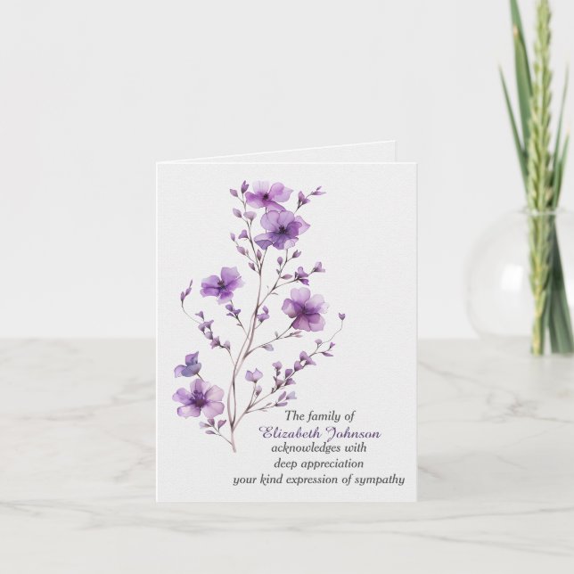 Beileidsdanksagung violetter blühender Zweig Karte (Vorderseite)