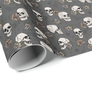 Beinahe schwarz-rosa Gothic-Skulls und -Rose Geschenkpapier